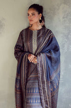 Manto Women's 3 Piece Raw Silk Blue Afreen Set with Zari Handwork and Urdu Calligraphy