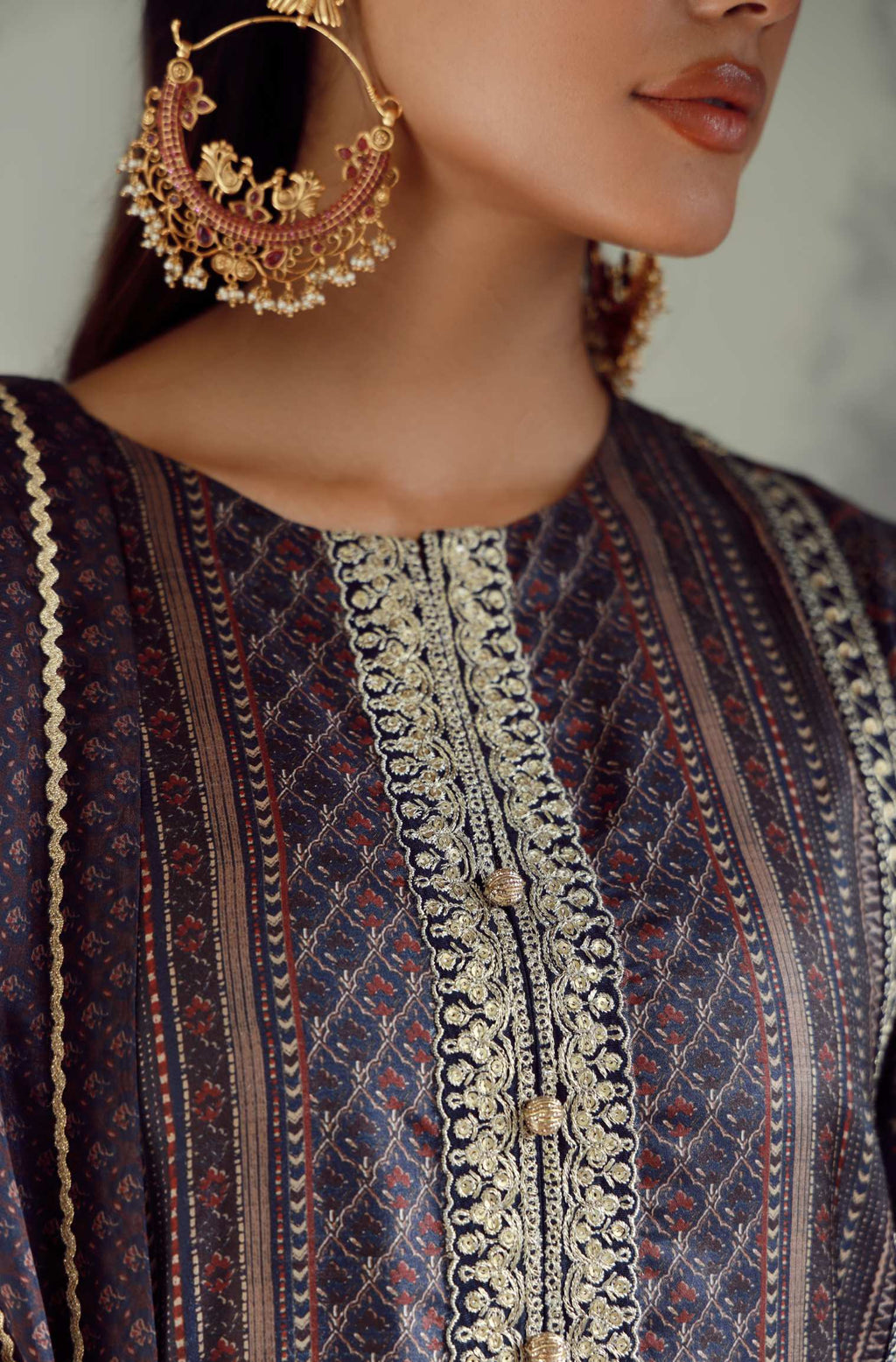 Manto Women's 3 Piece Raw Silk Blue Afreen Set with Zari Handwork and Urdu Calligraphy