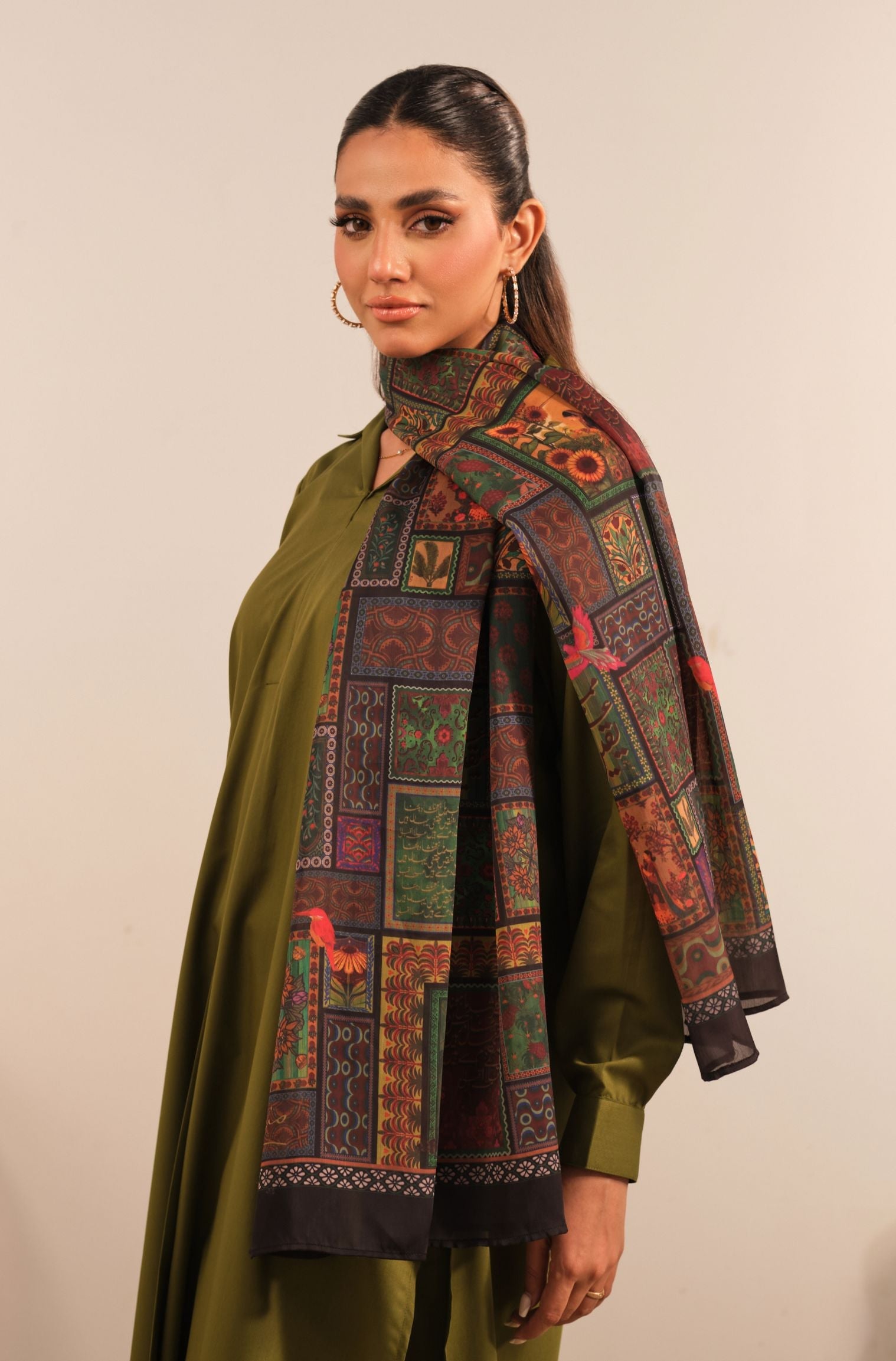 Manto Women's Black Printed Scarf with Urdu Calligraphy