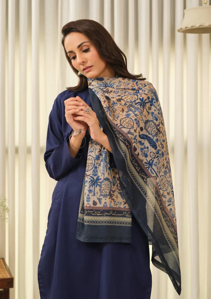 Manto Women's Blue Hijab Friendly Printed Scarf with Urdu Calligraphy