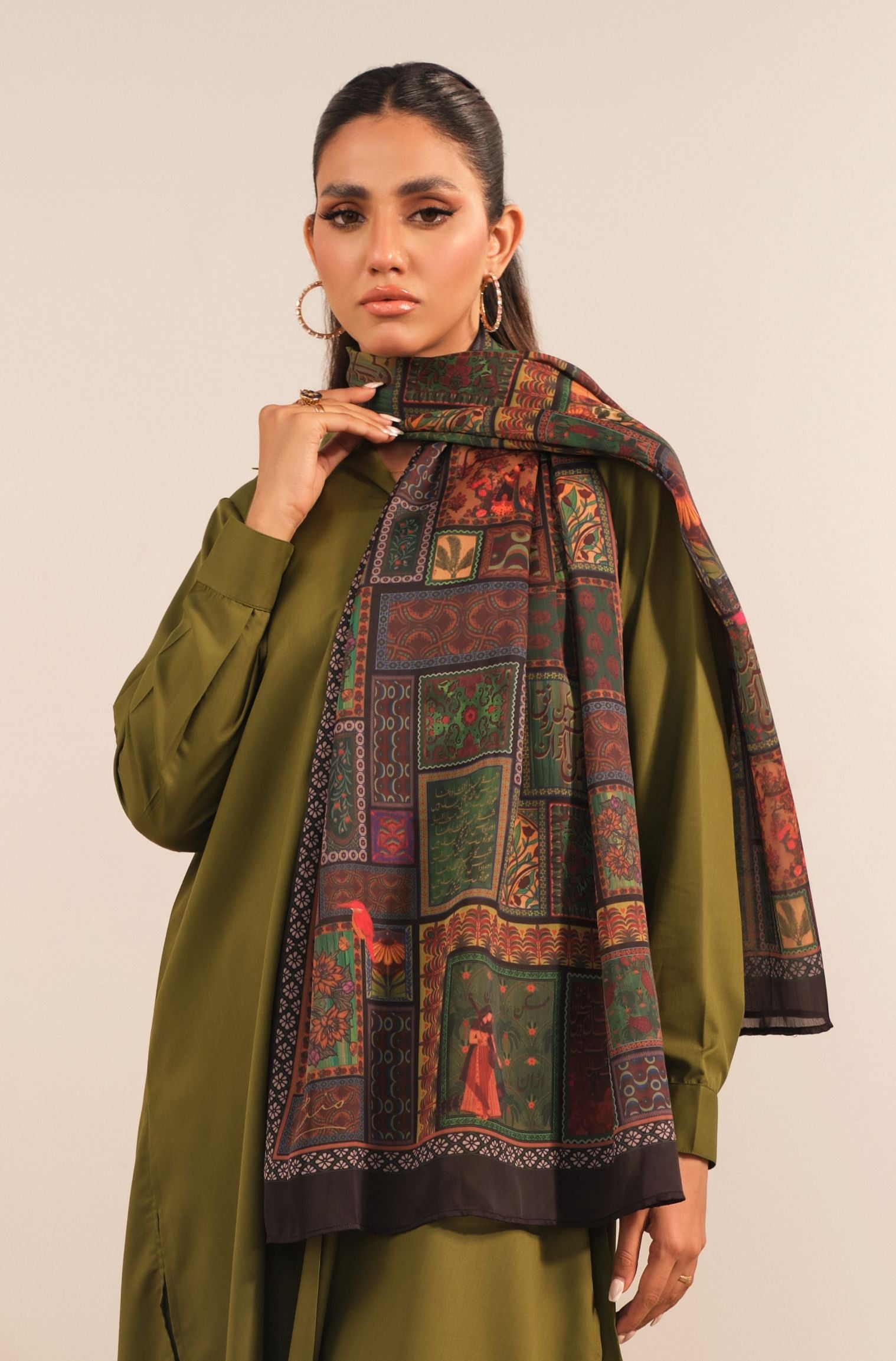 Manto Women's Black Printed Scarf with Urdu Calligraphy
