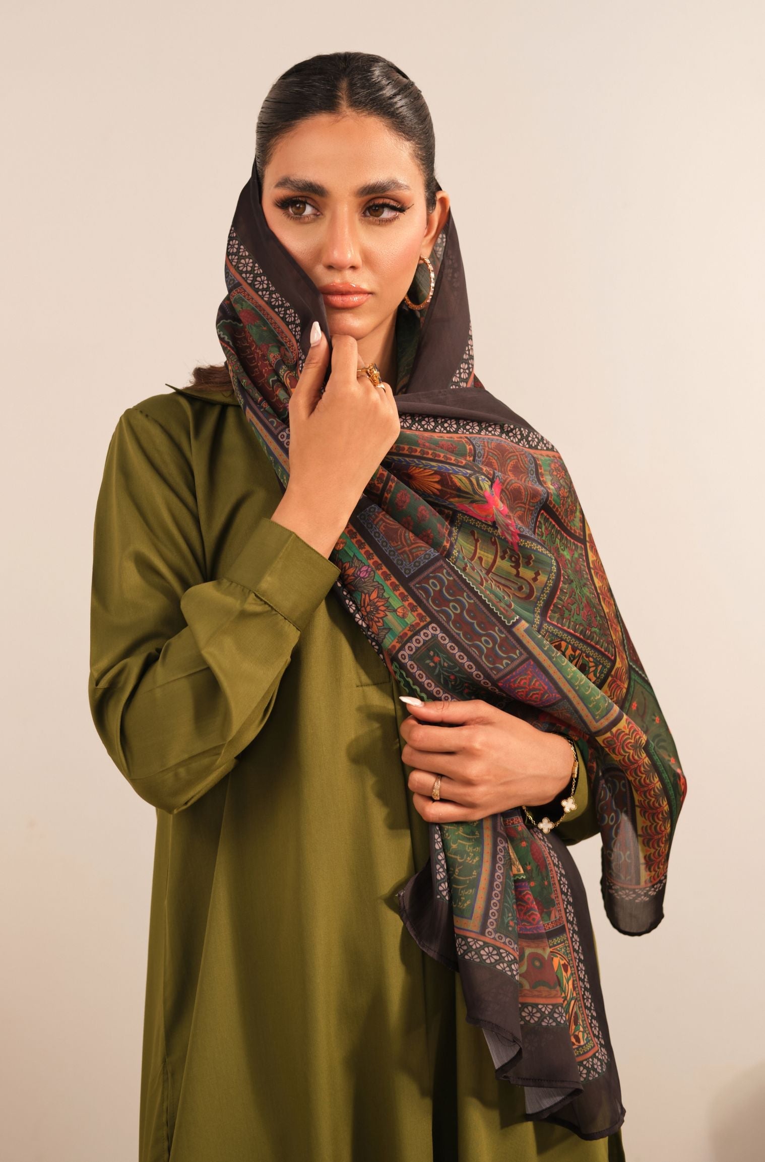 Manto Women's Black Printed Scarf with Urdu Calligraphy