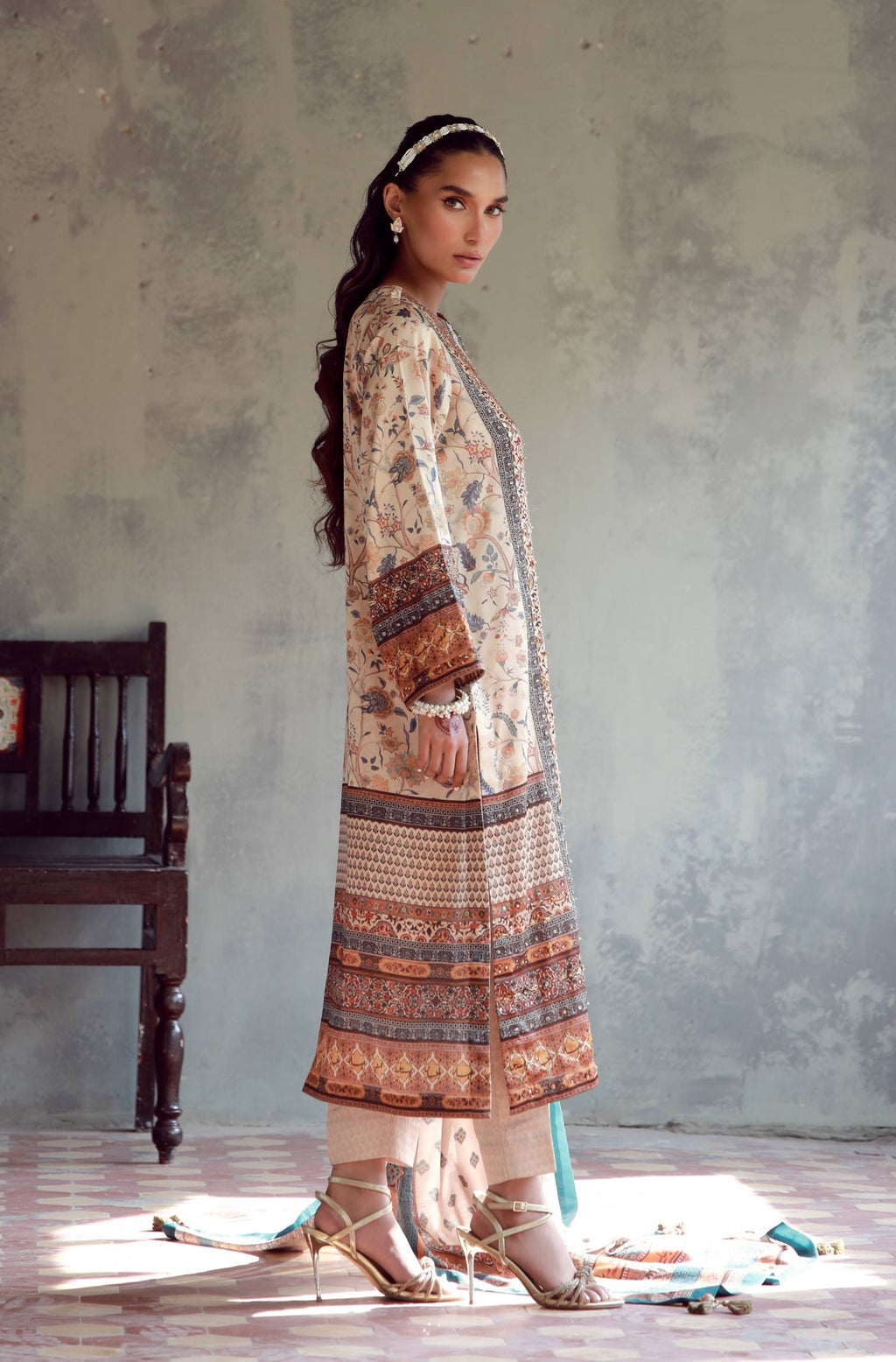 Manto Women's 3 Piece Charmeuse Silk Golden Zareena Set with Hand Embellishments and Urdu Calligraphy