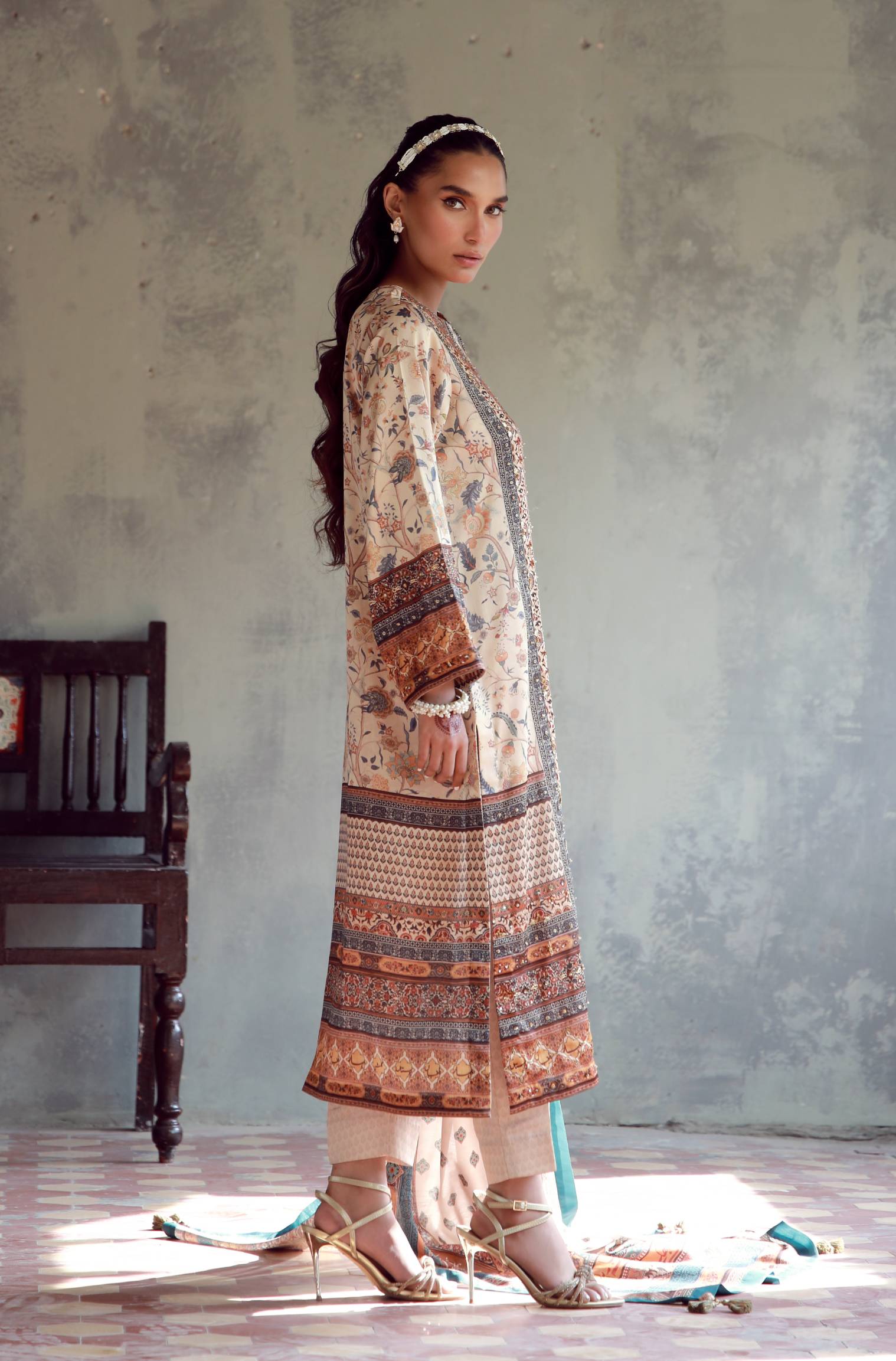 Manto Women's 3 Piece Charmeuse Silk Golden Zareena Set with Hand Embellishments and Urdu Calligraphy