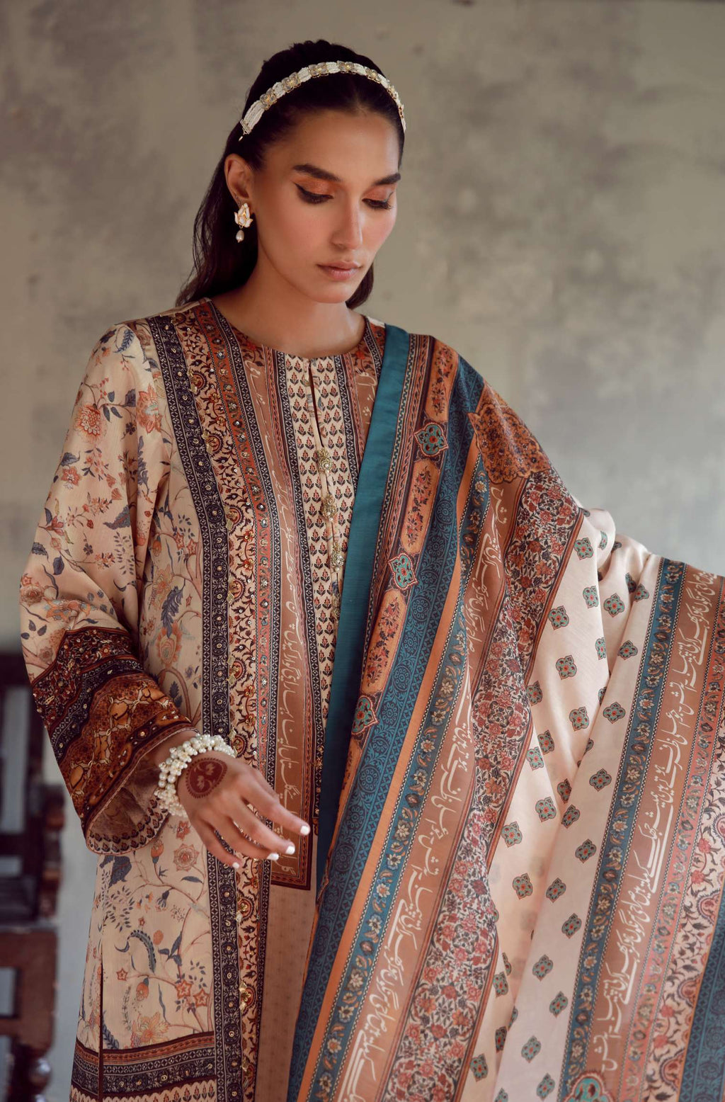 Manto Women's 3 Piece Charmeuse Silk Golden Zareena Set with Hand Embellishments and Urdu Calligraphy