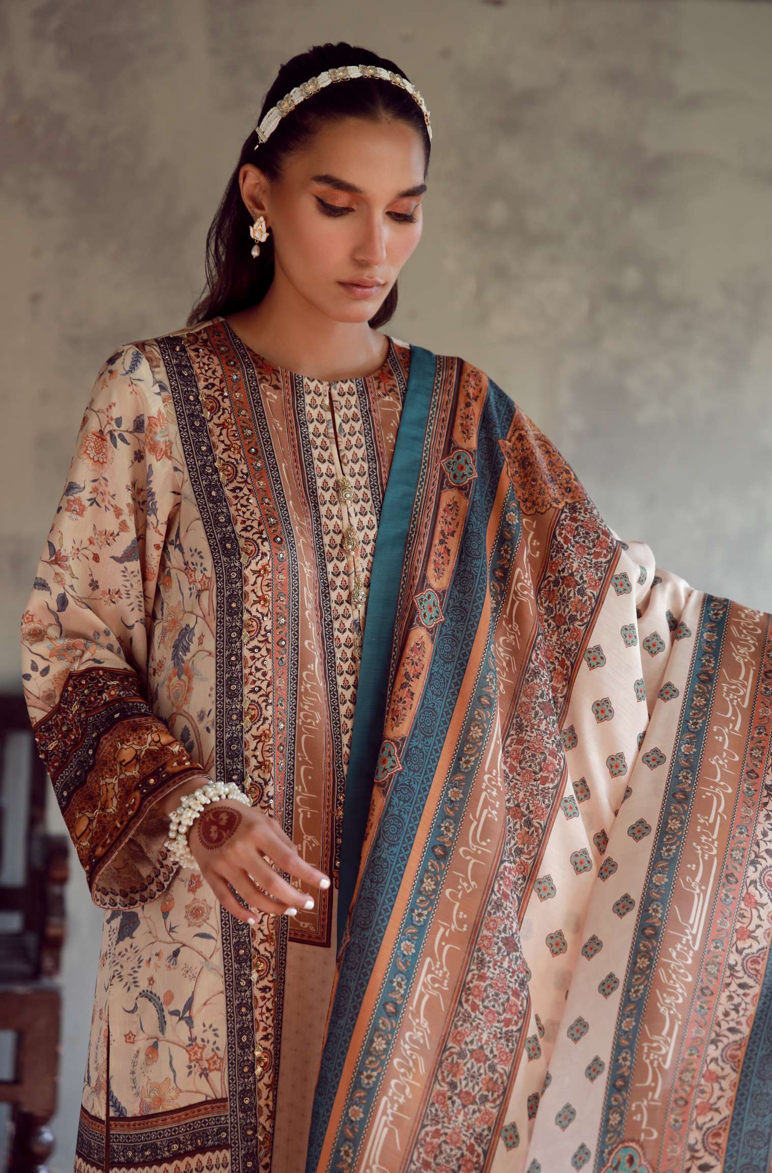 Manto Women's 3 Piece Charmeuse Silk Golden Zareena Set with Hand Embellishments and Urdu Calligraphy