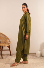 Manto Women's Olive Green 2 Piece Solid Co-Ord Set with Victorian Style Collar