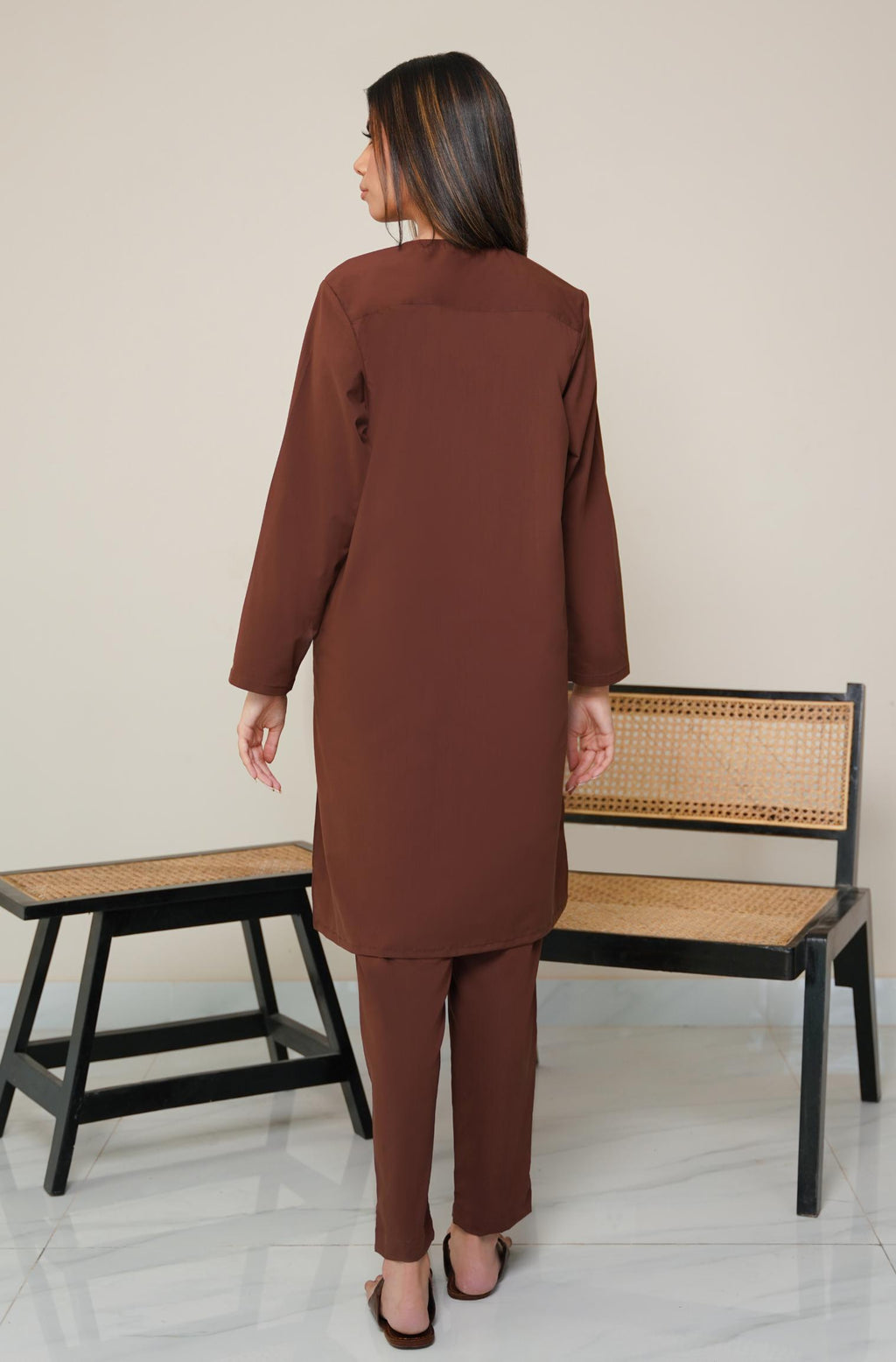 Shopmanto, wear manto, manto clothing brand, manto pakistan, ladies clothing brand, urdu calligraphy clothing, OG wearmanto women's collection wash n wear lucknow style 2 piece solid cocoa brown colour kurta and pajama, women 2 piece solid coord set