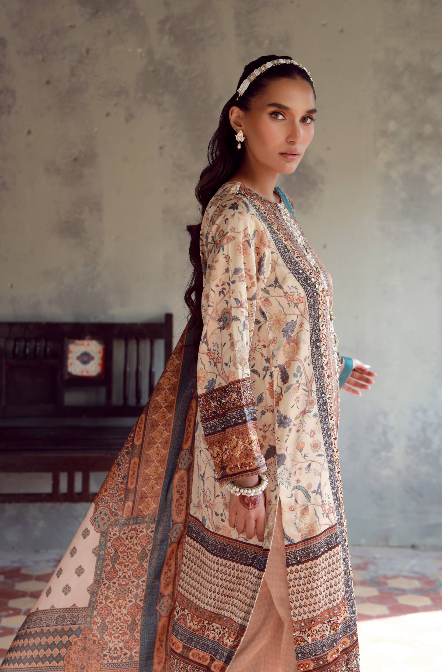 Manto Women's 3 Piece Charmeuse Silk Golden Zareena Set with Hand Embellishments and Urdu Calligraphy