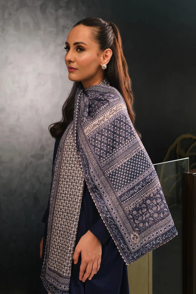 Manto Women's Silk Double Sided Blue Saya Stole with Urdu Calligraphy