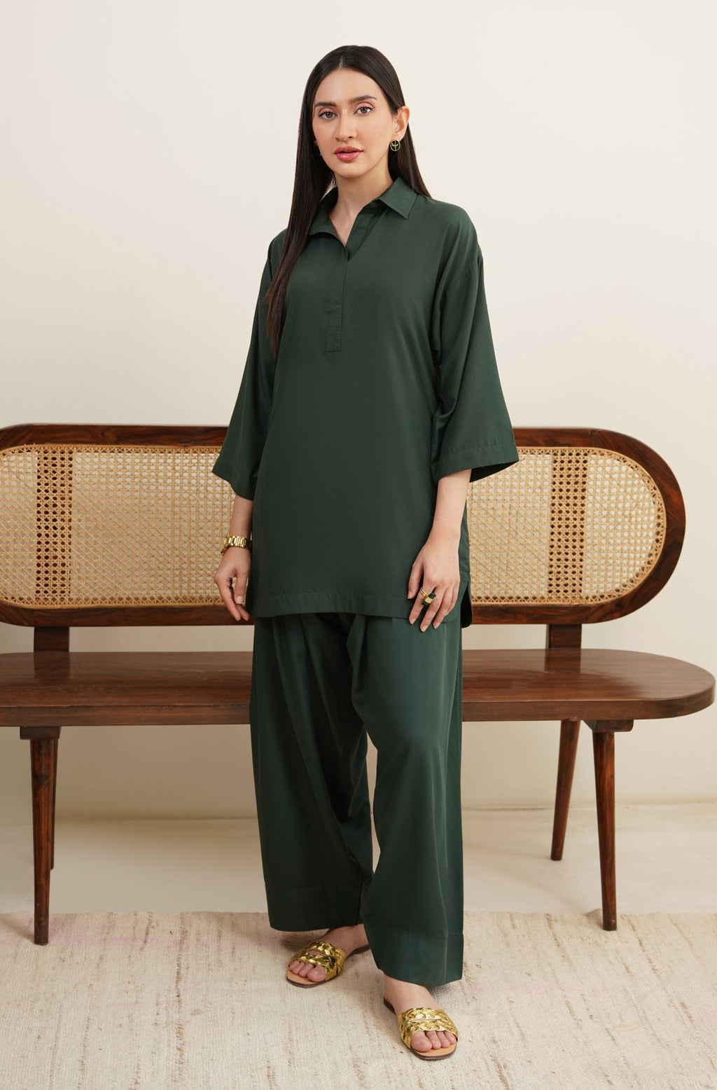 Shopmanto Women's Ready to Wear 2 Piece Matching Solid Emerald Green Co-Ord Set
