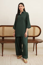Shopmanto Women's Ready to Wear 2 Piece Matching Solid Emerald Green Co-Ord Set
