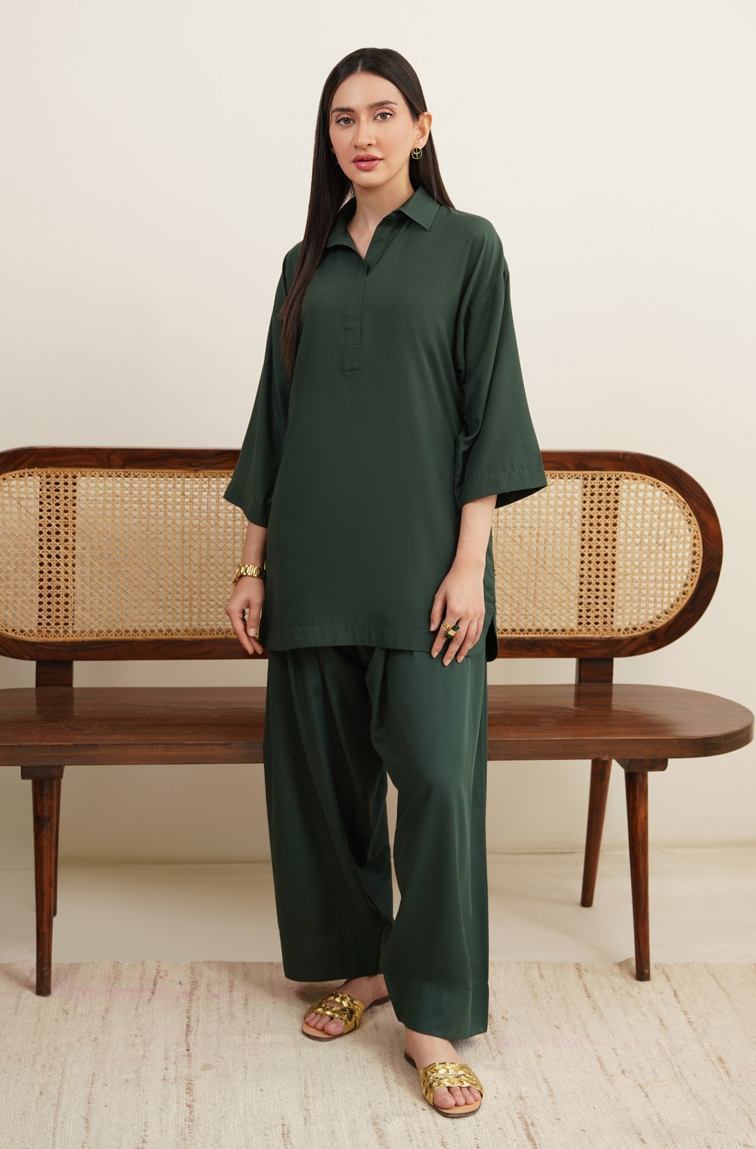 Shopmanto Women's Ready to Wear 2 Piece Matching Solid Emerald Green Co-Ord Set
