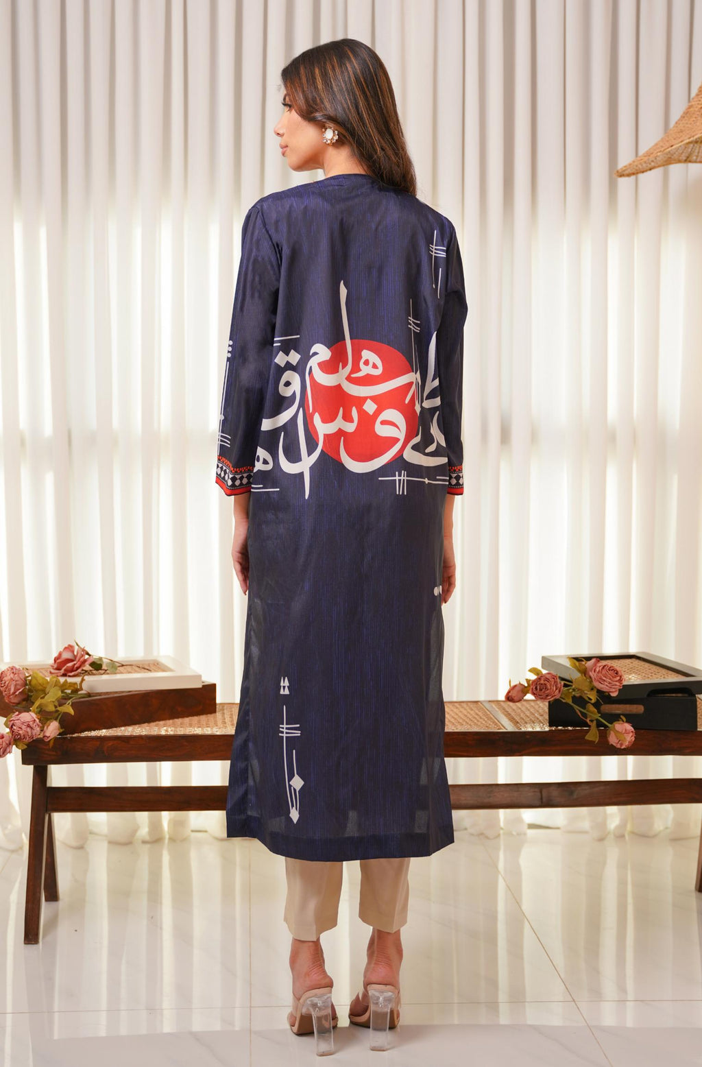 Shopmanto, wear manto, manto clothing brand, manto pakistan, ladies clothing brand, urdu calligraphy clothing, wear manto shades of dusk women front open upper cape sooraj shrug with urdu calligraphy