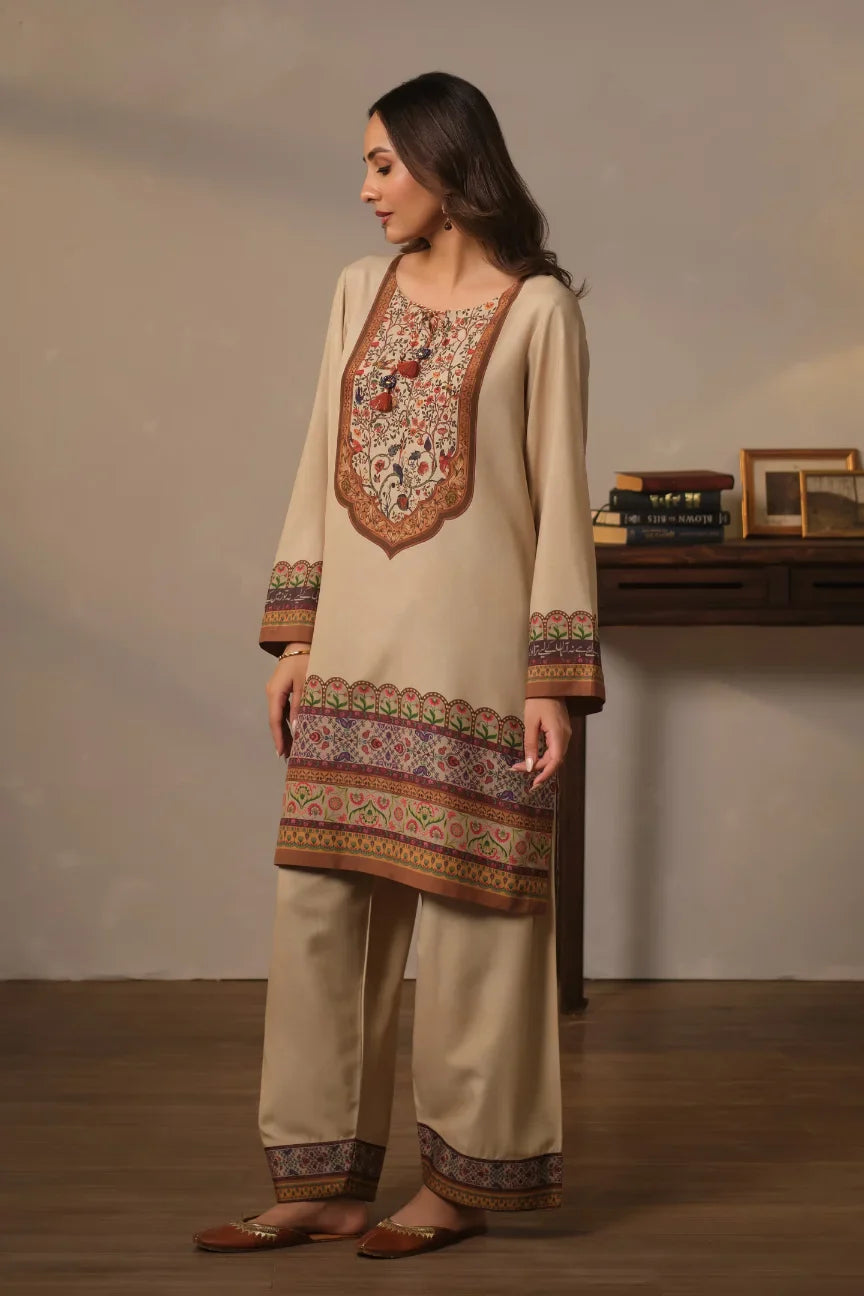 Women's Ready to Wear Printed Beige 2 Piece Set with Urdu Calligraphy