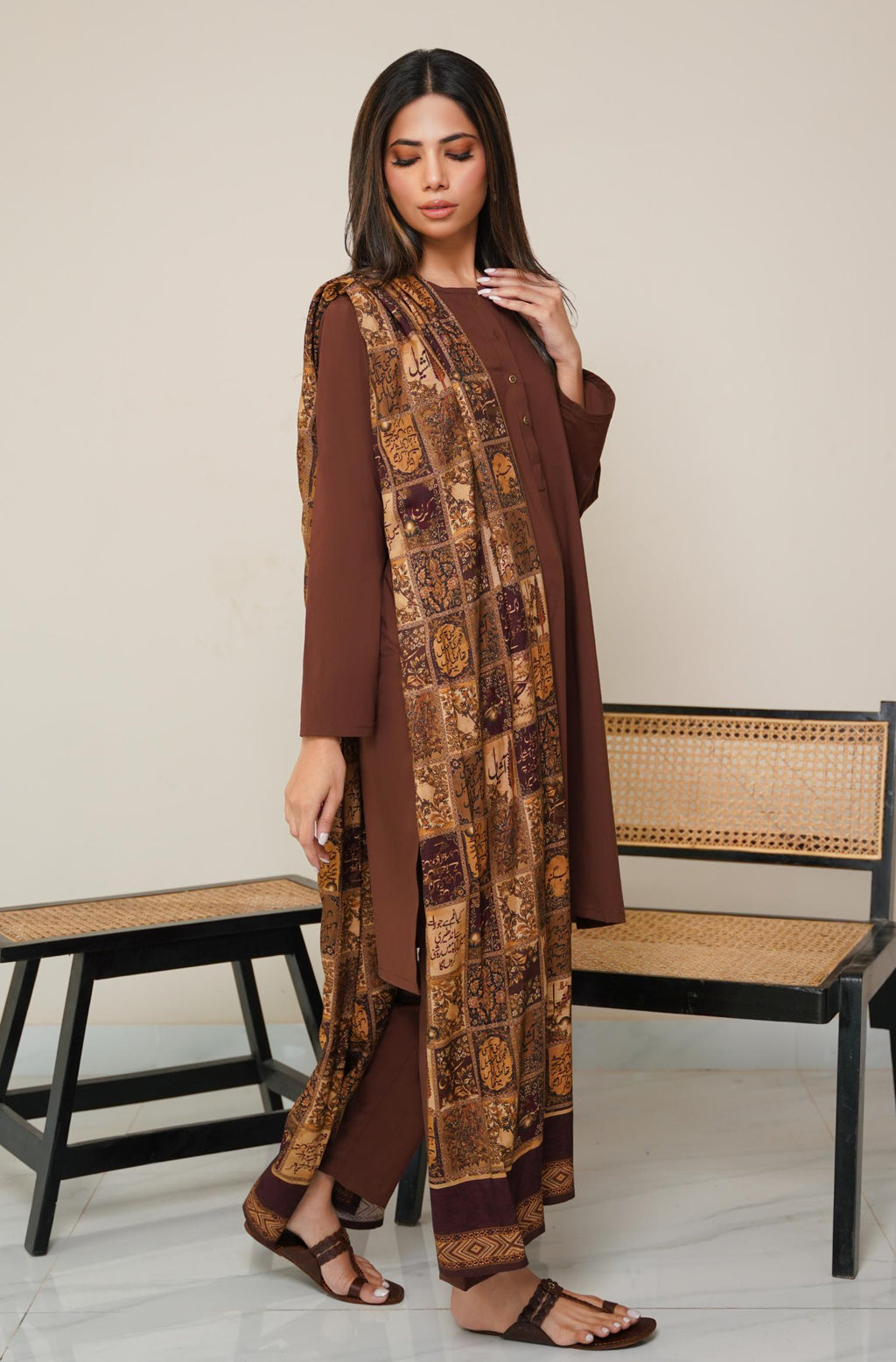 Shopmanto, wear manto, manto clothing brand, manto pakistan, ladies clothing brand, urdu calligraphy clothing, OG wearmanto women's collection wash n wear lucknow style 2 piece solid cocoa brown colour kurta and pajama, women 2 piece solid coord set