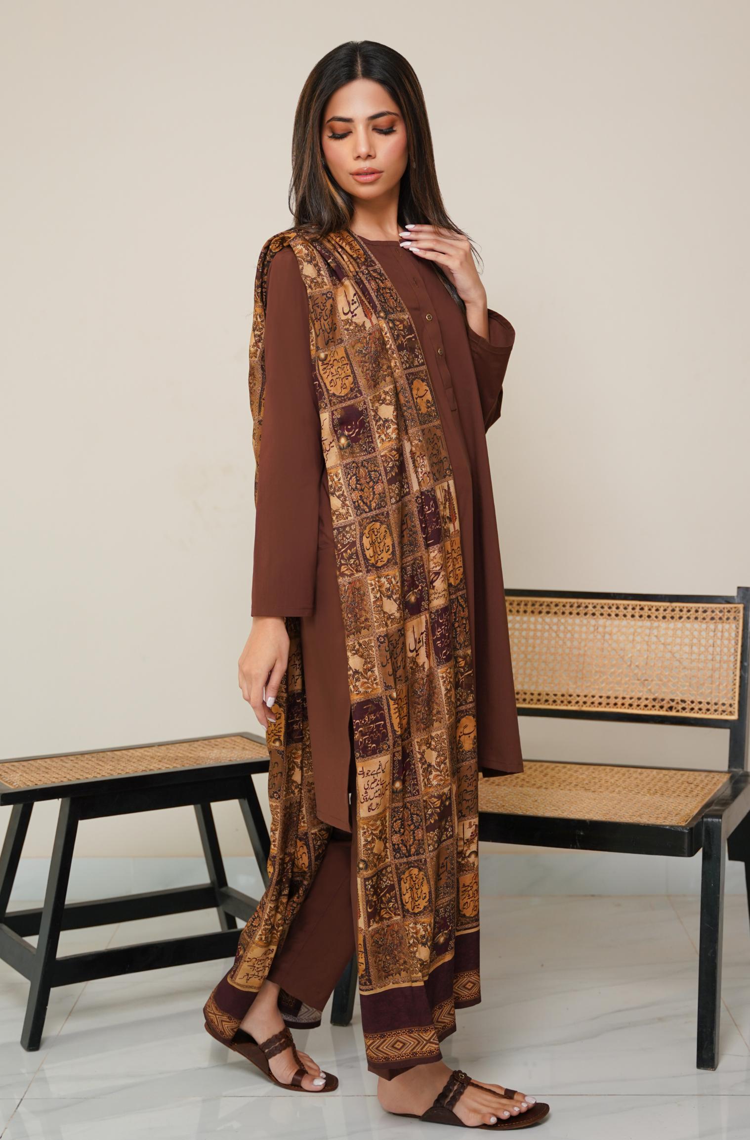 Shopmanto, wear manto, manto clothing brand, manto pakistan, ladies clothing brand, urdu calligraphy clothing, OG wearmanto women's collection wash n wear lucknow style 2 piece solid cocoa brown colour kurta and pajama, women 2 piece solid coord set