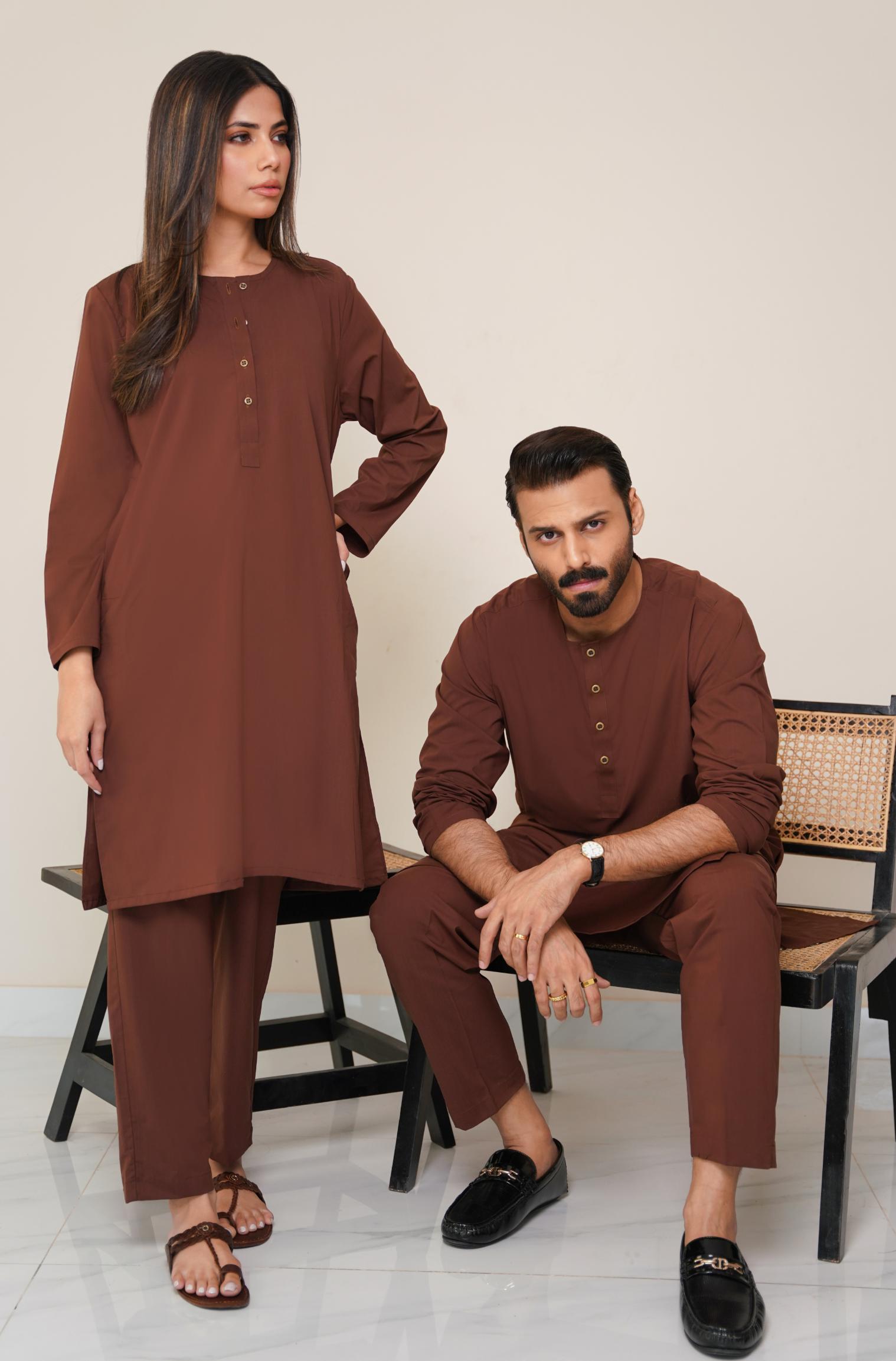 Shopmanto, wear manto, manto clothing brand, manto pakistan, ladies clothing brand, urdu calligraphy clothing, OG wearmanto women's collection wash n wear lucknow style 2 piece solid cocoa brown colour kurta and pajama, women 2 piece solid coord set