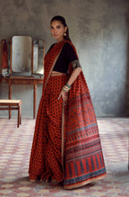 Manto Women's Stitched Orange Saree with Zari Detailing & Urdu Calligraphy