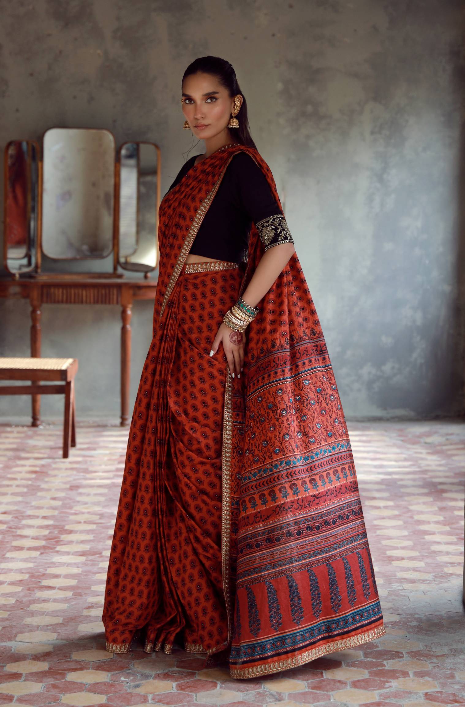 Manto Women's Stitched Orange Saree with Zari Detailing & Urdu Calligraphy