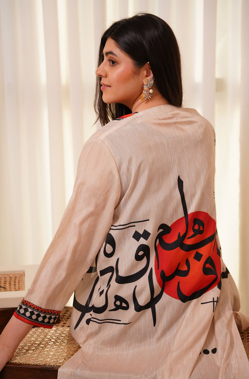 Shopmanto, wear manto, manto clothing brand, manto pakistan, ladies clothing brand, urdu calligraphy clothing, wear manto shades of dawn women front open upper cape sooraj shrug with urdu calligraphy