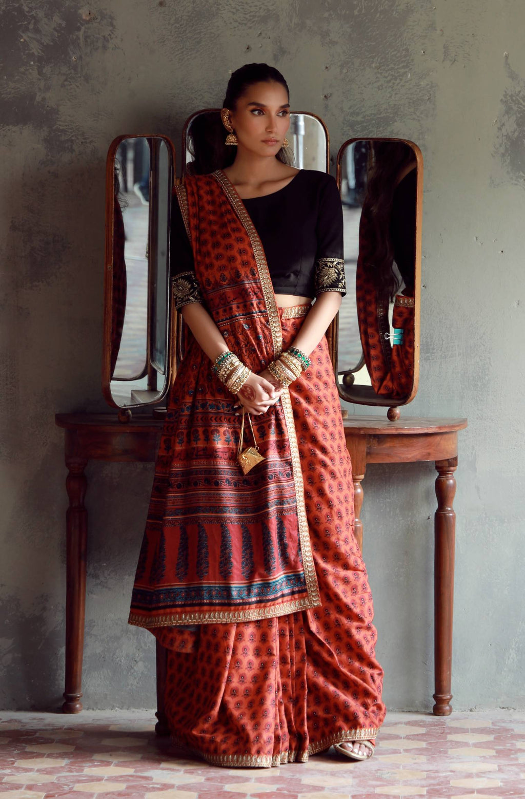 Manto Women's Stitched Orange Saree with Zari Detailing & Urdu Calligraphy