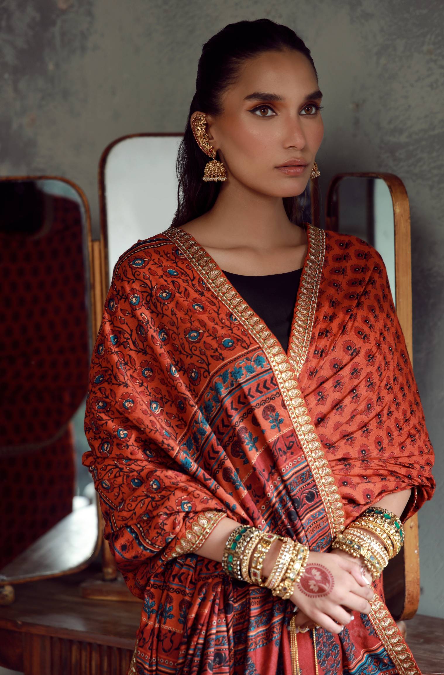 Manto Women's Stitched Orange Saree with Zari Detailing & Urdu Calligraphy