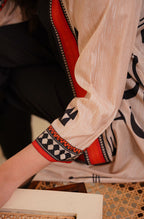 Shopmanto, wear manto, manto clothing brand, manto pakistan, ladies clothing brand, urdu calligraphy clothing, wear manto shades of dawn women front open upper cape sooraj shrug with urdu calligraphy