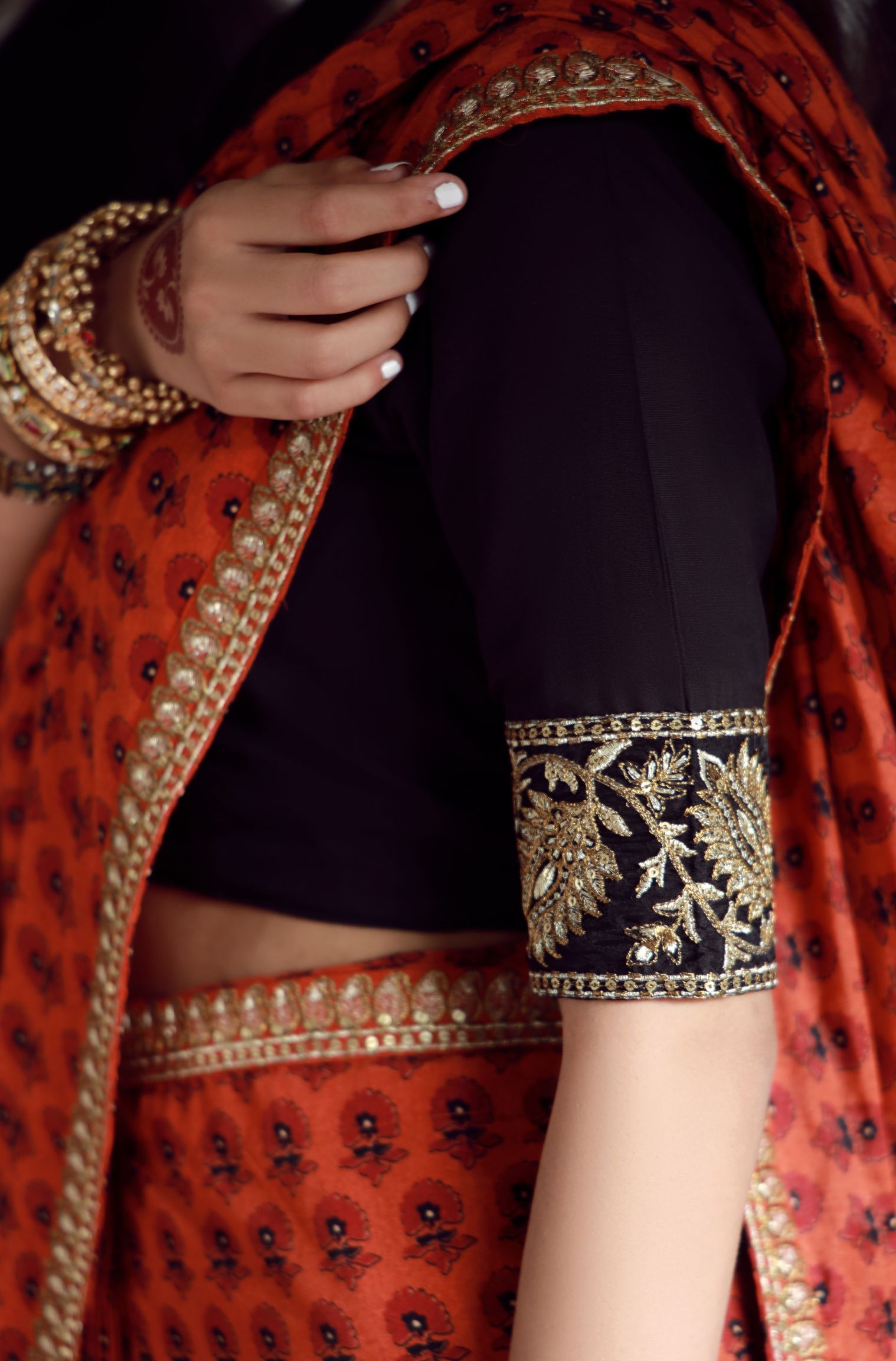 Manto Women's Stitched Orange Saree with Zari Detailing & Urdu Calligraphy