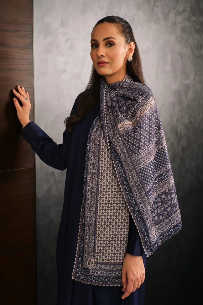 Manto Women's Silk Double Sided Blue Saya Stole with Urdu Calligraphy