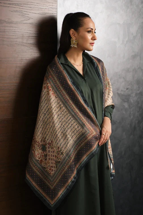 Manto Women's Beige Crinkle Silk Scarf with Urdu Calligraphy