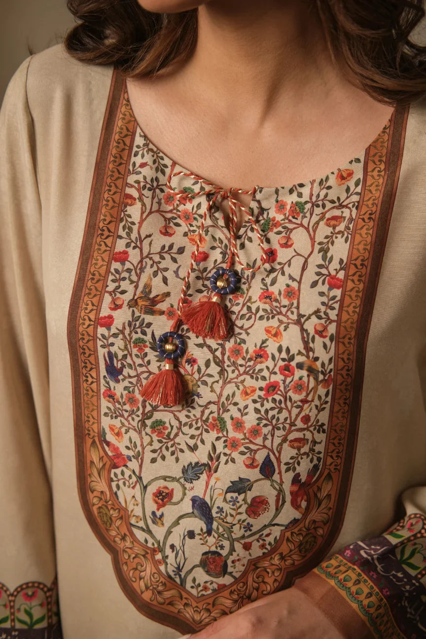 Women's Ready to Wear Printed Beige 2 Piece Set with Urdu Calligraphy
