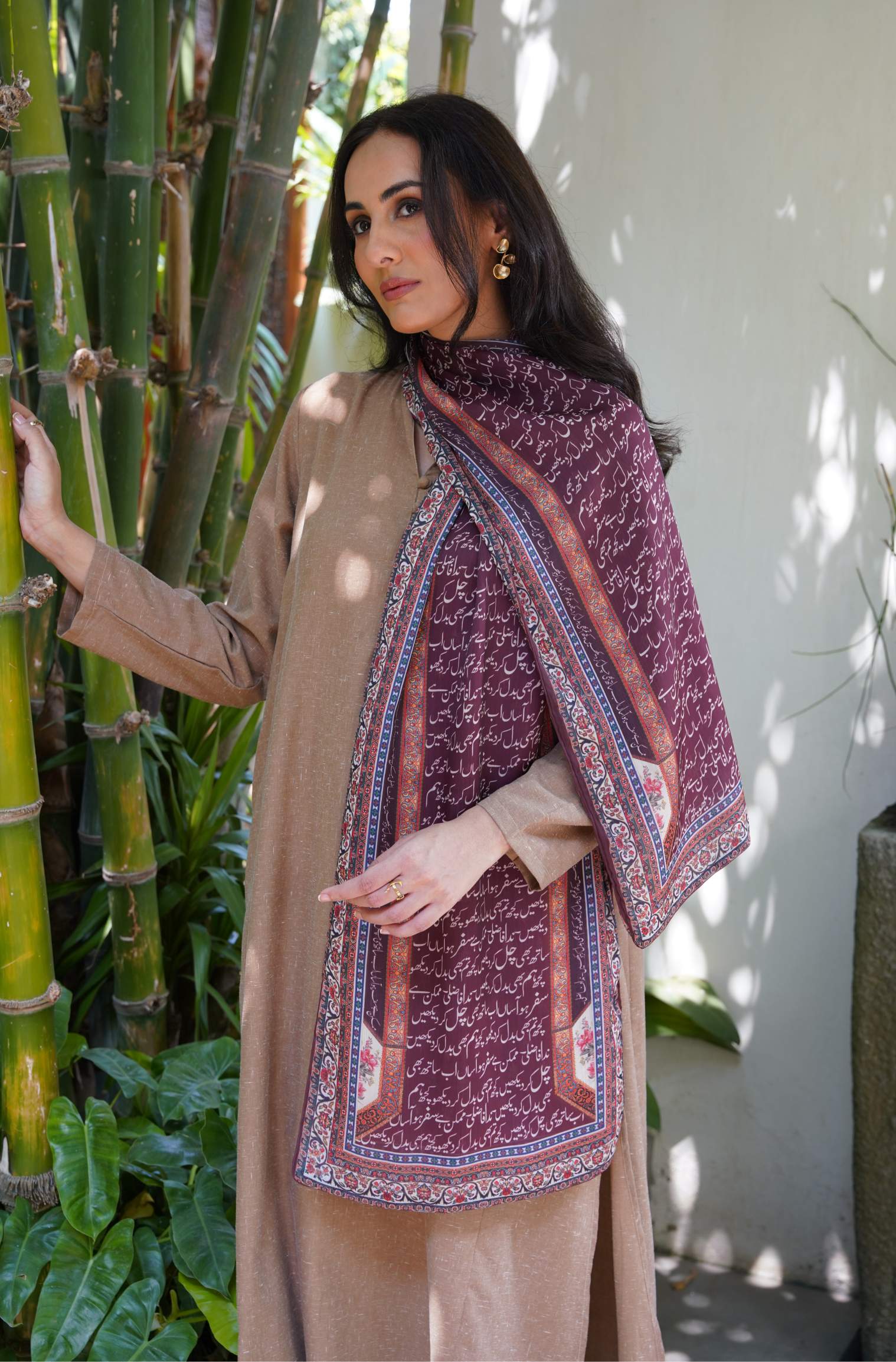 Manto Women's Reddish Brown Double Sided Printed Silk Stole with Urdu Calligraphy