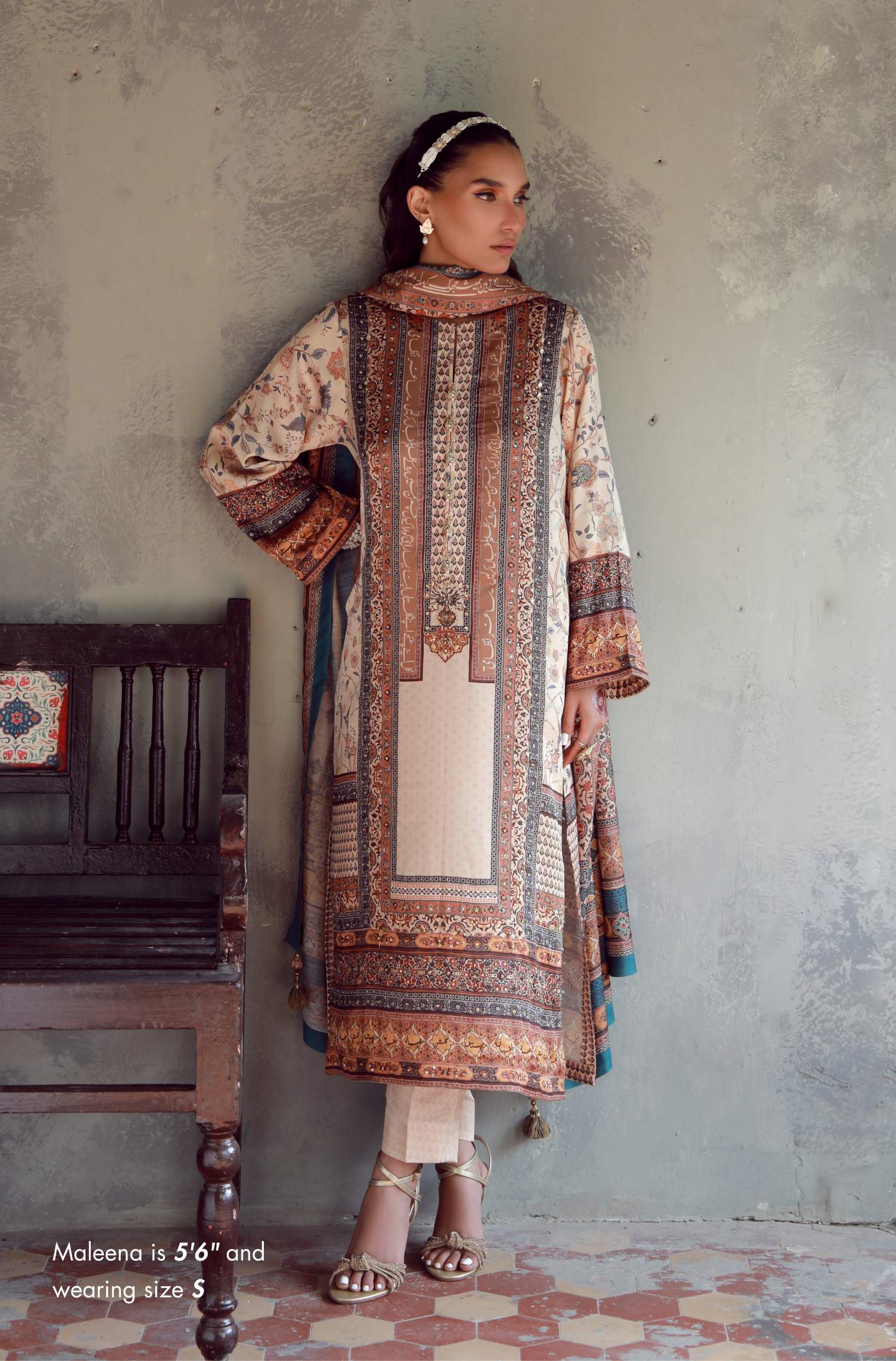 Manto Women's 3 Piece Charmeuse Silk Golden Zareena Set with Hand Embellishments and Urdu Calligraphy