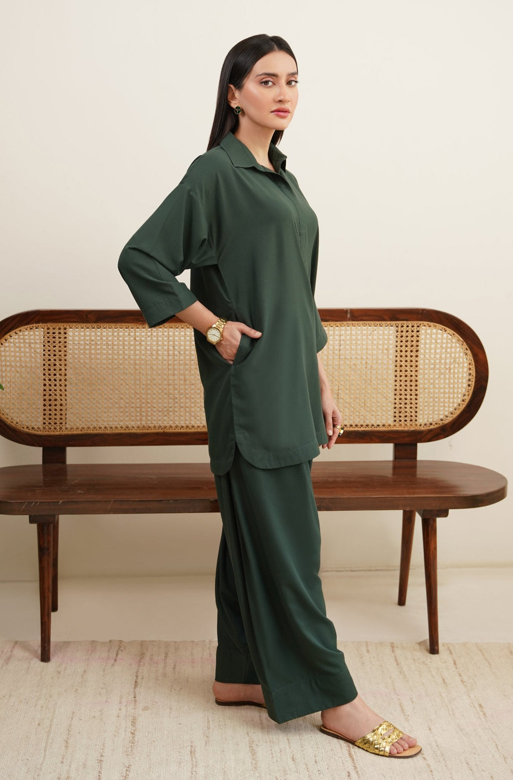 Shopmanto Women's Ready to Wear 2 Piece Matching Solid Emerald Green Co-Ord Set