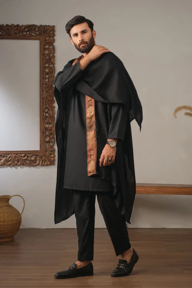 Manto's Unisex Black Acrylic Cape with Printed Borders