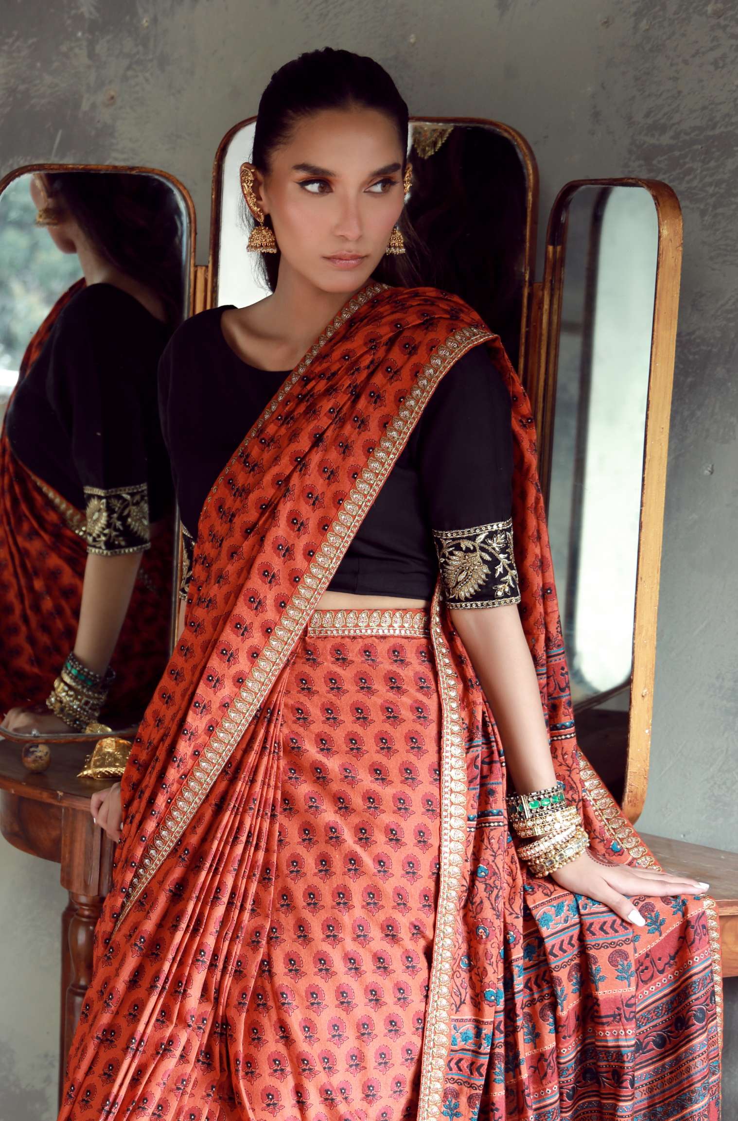 Manto Women's Stitched Orange Saree with Zari Detailing & Urdu Calligraphy