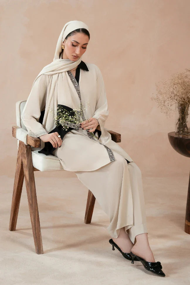 Manto Women's Beige Embroidered Scarf Paired with Beige Outfit