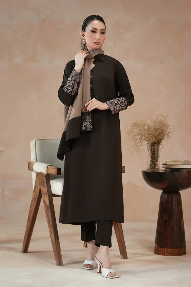 Manto Women's Ready to Wear Brown Matching 2 Piece Co-Ord Set with Embroidery