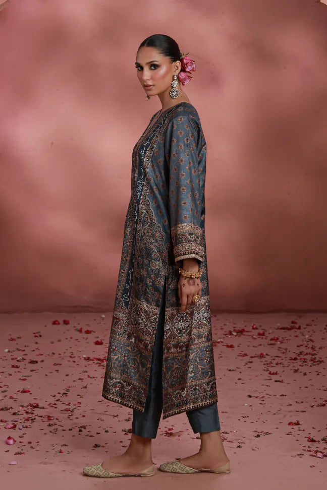 Manto Women's Festive Wear 3 Piece Raw Silk Grey Set with Urdu Calligraphy