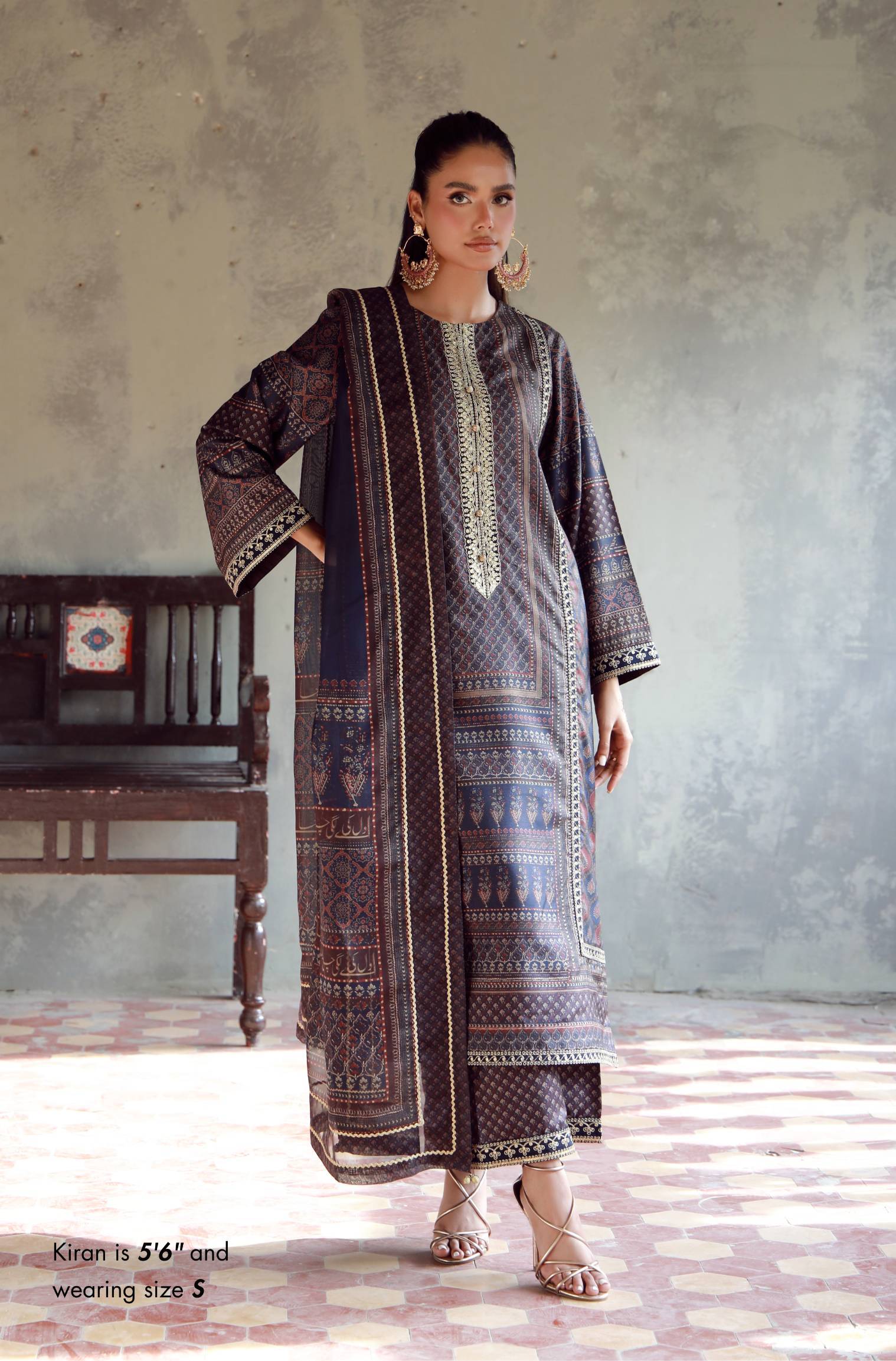 Manto Women's 3 Piece Raw Silk Blue Afreen Set with Zari Handwork and Urdu Calligraphy