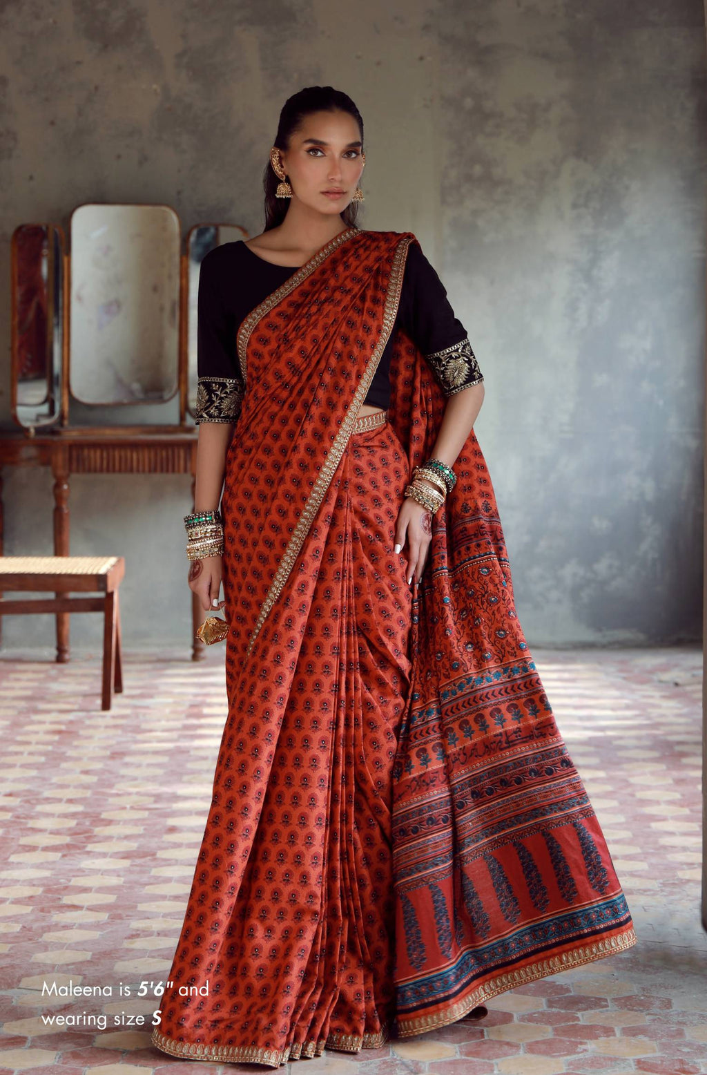 Manto Women's Stitched Orange Saree with Zari Detailing & Urdu Calligraphy