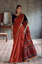 Manto Women's Stitched Orange Saree with Zari Detailing & Urdu Calligraphy