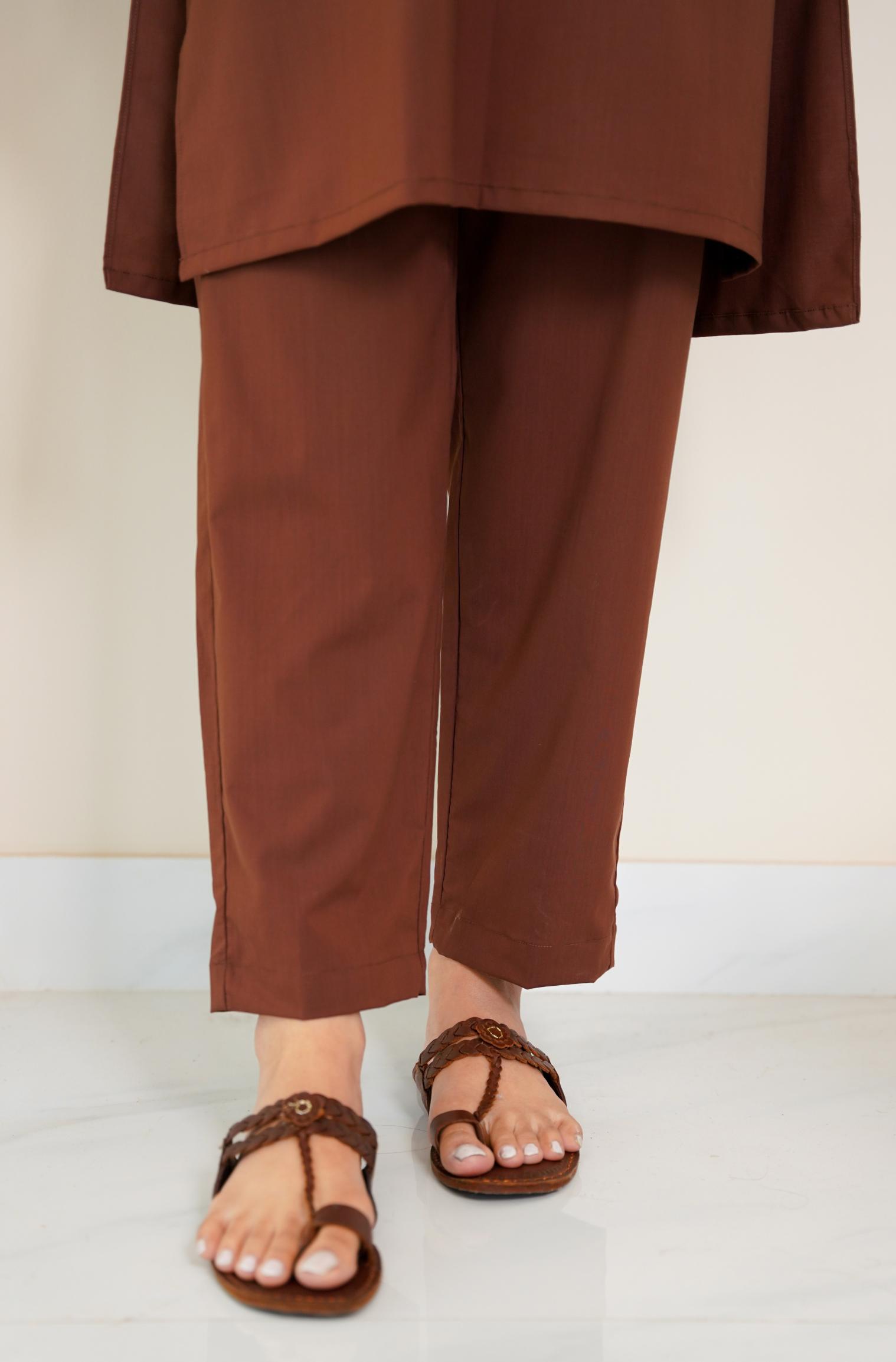 Shopmanto, wear manto, manto clothing brand, manto pakistan, ladies clothing brand, urdu calligraphy clothing, OG wearmanto women's collection wash n wear lucknow style 2 piece solid cocoa brown colour kurta and pajama, women 2 piece solid coord set