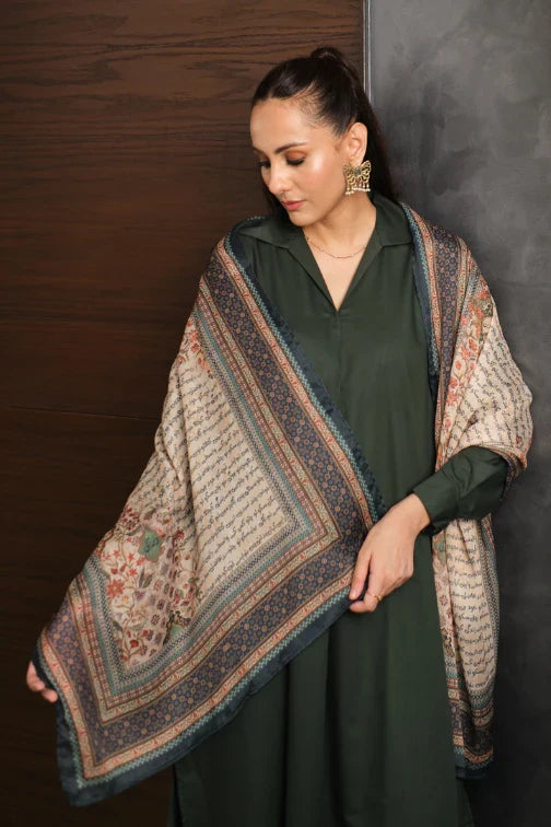 Manto Women's Beige Crinkle Silk Scarf with Urdu Calligraphy