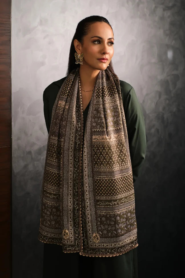 Manto Women's Silk Double Sided Green Saya Stole with Urdu Calligraphy