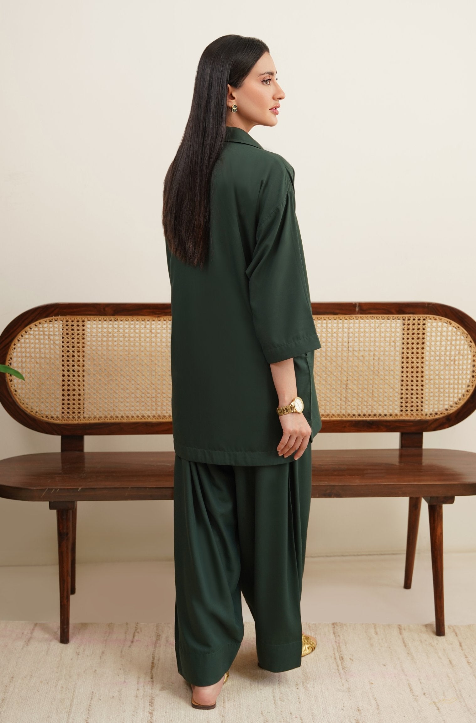 Shopmanto Women's Ready to Wear 2 Piece Matching Solid Emerald Green Co-Ord Set