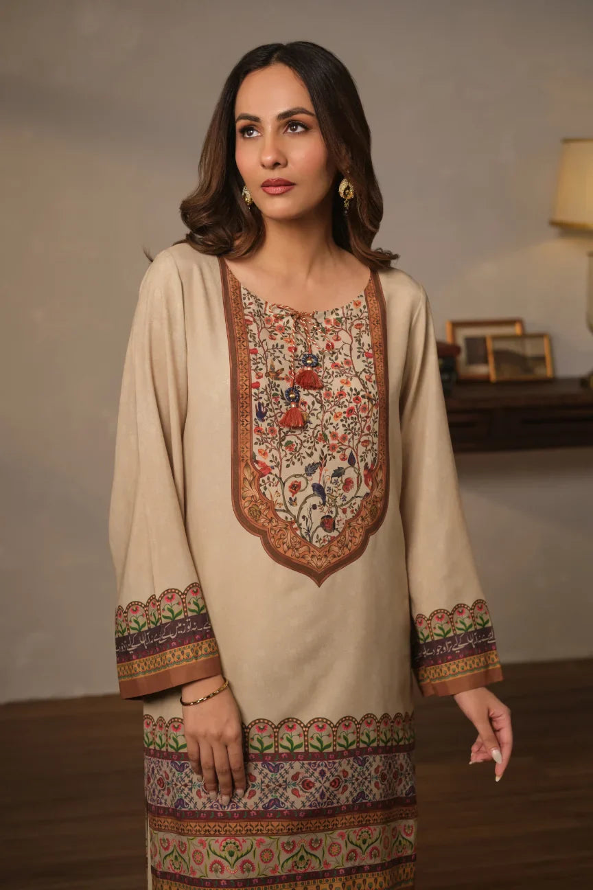 Women's Ready to Wear Printed Beige 2 Piece Set with Urdu Calligraphy