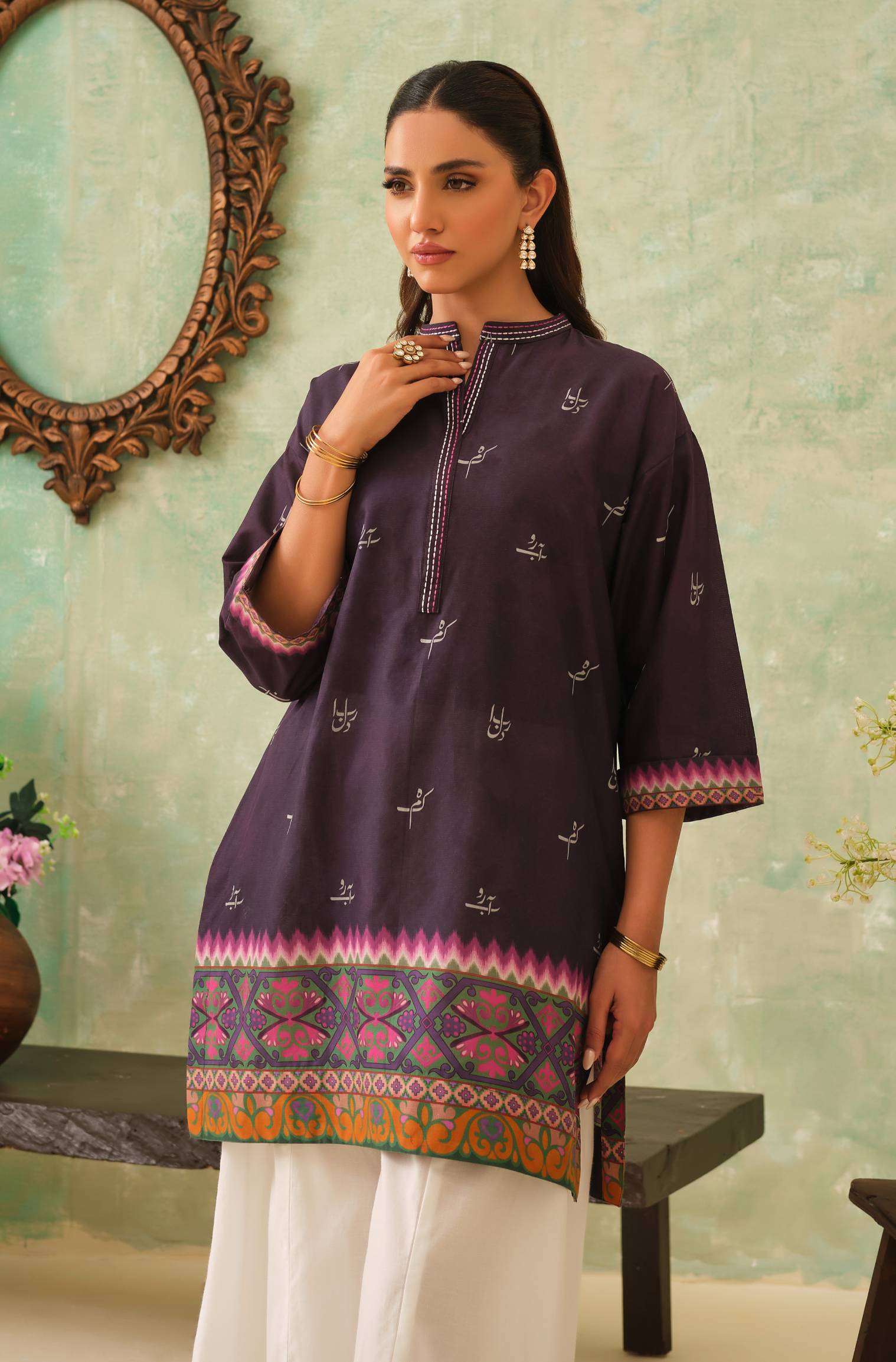 Manto Women's 1 Piece Ready to Wear Purple Kurta with Urdu Calligraphy