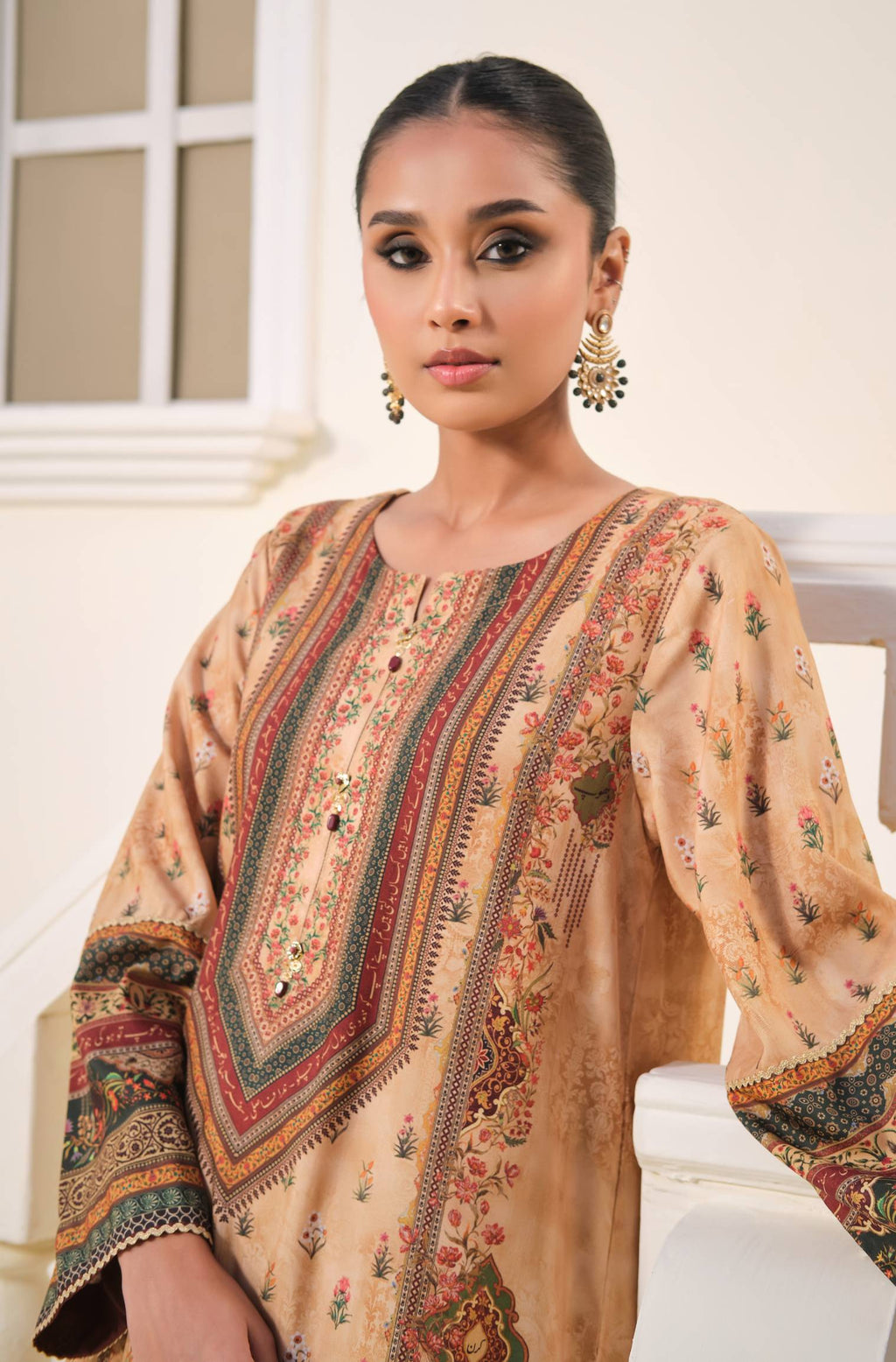 Neck Detail of Manto Women's 1 Piece Ready to Wear Golden with Urdu Calligraphy